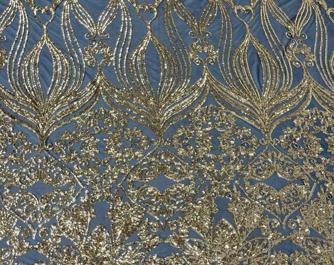 Gold Sequin Fabric by the yard - Damask Design on Black Mesh 4 Way Stretch Sequins Fabric Prom-Gown
