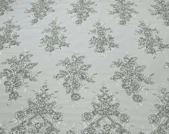 White Floral Lace Fabric: Silver Metallic Thread, Sequins Embroidery - Bridal Gown