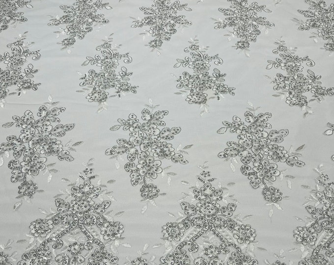 White With Silver Metallic Thread Floral Lace Fabric, Embroidery With Sequins on a Mesh Lace Fabric For Gown, Wedding-Bridal By The Yard