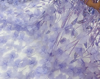 Lilac Beaded Fabric 3D Floral Butterfly Fabric By The Yard, Luxury 3D Butterfly Design Beads and Sequins Embroidered on a Mesh Lace Wedding