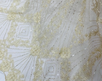 Ivory Beaded Lace Fabric: Geometric Embroidery on Mesh, Bridal Luxury