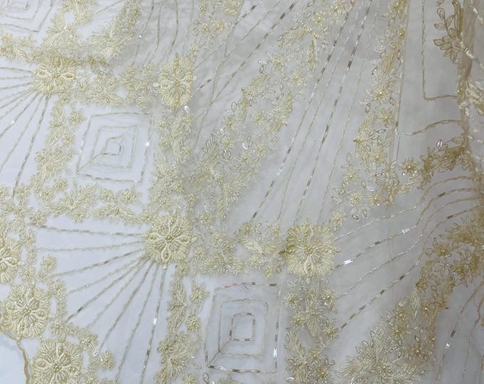 Ivory Beaded Geometric Pattern Beaded Fabric, by the yard, Embroidery Beaded Lace Fabric, Geometric Luxury Bridal Beaded Fabric on a Mesh