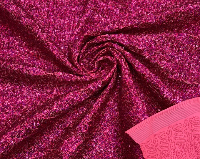 Fuchsia Holographic Mini Glitz Sequins by the yard on Coral Spandex Fabric | 4 Way Stretch | Iridescent Mini Glitz Sequin Fabric