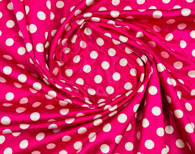 Mia Fabrics Inc, Polka Dot Satin Fabric - Hot Pink/White Dots - Super Soft Silky Satin Polka Dot Fabric Sold By Yard