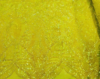 Iridescent Yellow Feather Sequins Fabric: 4-Way Stretch Mesh, Prom Gown