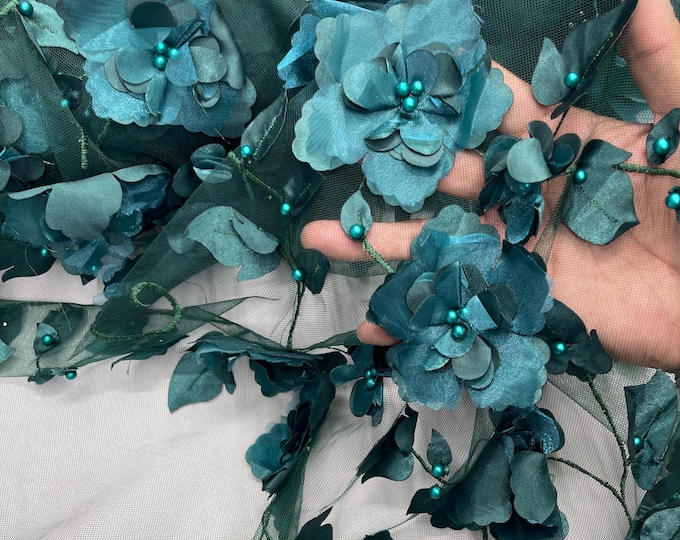 Hunter Green Orquidia 3D Floral Design Embroider With Pearls On a Mesh Lace Fabric, Orquidia Big 3D Flower Lace Fabric Prom-Dress By Yard
