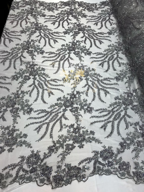Beaded Lace Fabric - Black - Fancy Embroidery on Mesh For Bridal Weddi