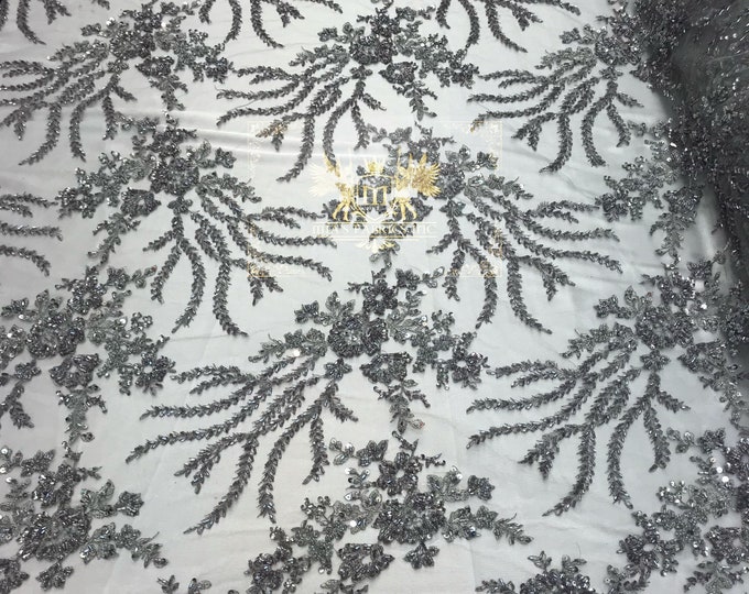 Silver Hand Beaded Lace, Embroidered Floral Design Fancy Sequins Fabric with Beads Sold in Many Colors By The Yard