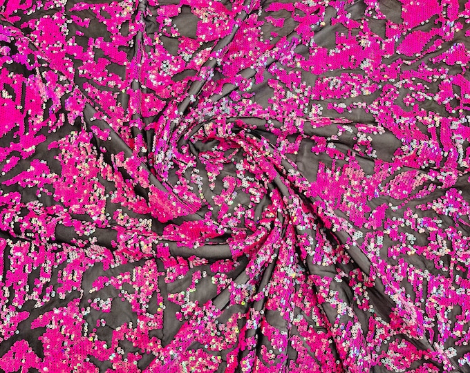 Hot Pink Sequins Fabric - Sold By The Yard - on Black Spandex Mesh - 4Way Stretch Sequin Fabric Tow Tone