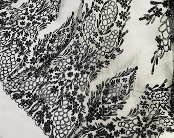 Black Rhinestones Glitter Fabric on a Mesh By The Yard | Geometric Damask Glitter Rhinestones on Mesh Fabric, Wedding Bridal/Prom