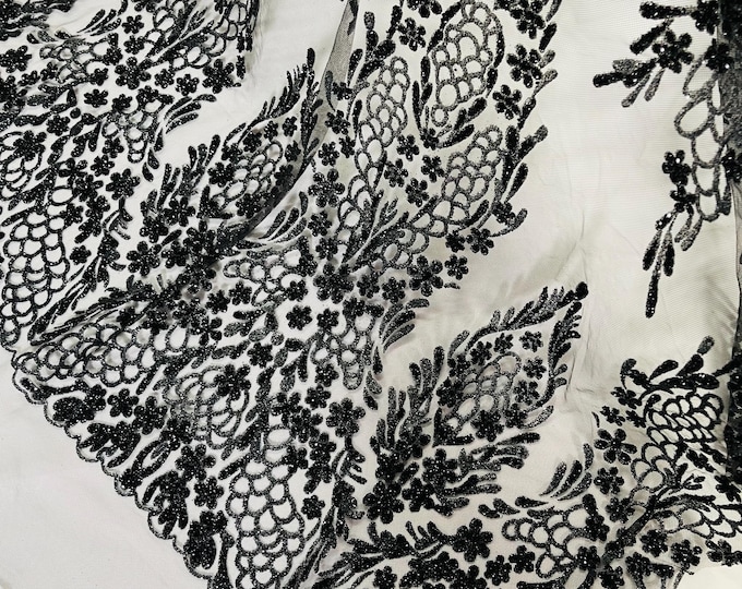 Black Rhinestones Glitter Fabric on a Mesh By The Yard | Geometric Damask Glitter Rhinestones on Mesh Fabric, Wedding Bridal/Prom