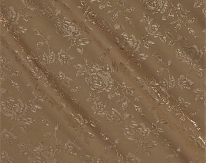 Khaki Flower Brocade Jacquard Satin Fabric, Sold By The Yard Polyester Satin Floral Wide 58/60"  (Choose The Quantity)