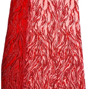 Red Beaded Fabric By The Yard, Luxury Fashion Design Beads and Sequins, Beaded Fabric Embroidered on a Mesh Lace,Wedding,Bridal,Dress