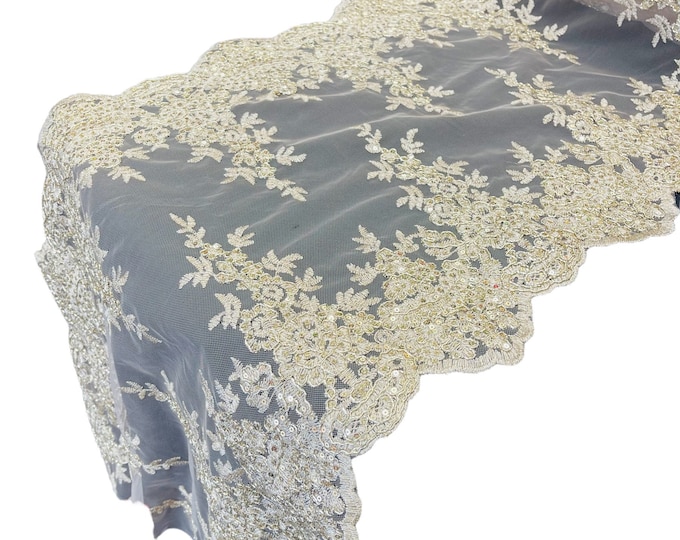Metallic Gold/Skin Mesh Floral Lace Fabric For Runner 14” Inch - by the yard - Embroidery With Sequins on a Mesh Lace Fabric For Wedding