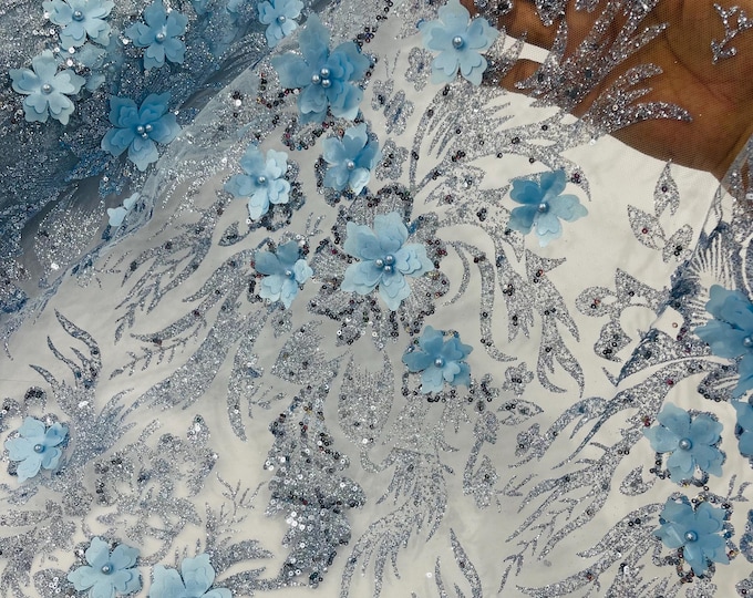 Baby Blue Glitter Floral Mesh, Glitter 3D Flower Sequin Fabric, Wedding Dresses & Quinseñera