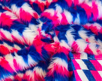 Royal Blue Yellow Red Faux Fur Fabric By The Yard - Faux Fake 3 Tone Decoration Soft Furry Fabric 60" Wide