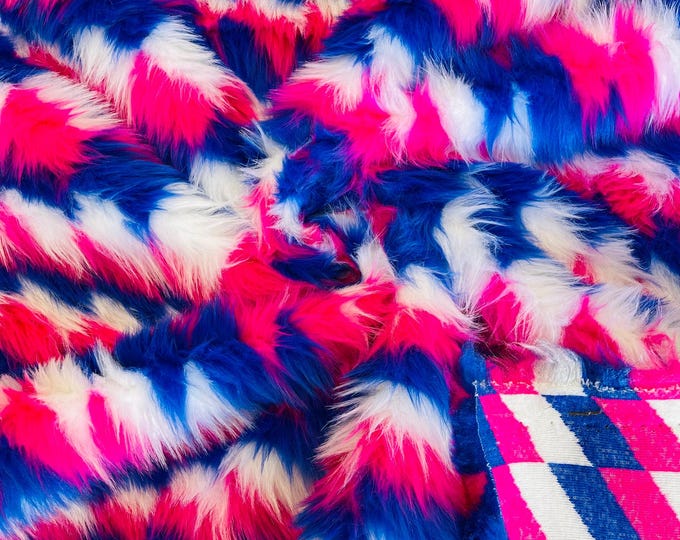 Royal Blue Yellow Red Faux Fur Fabric By The Yard - Faux Fake 3 Tone Decoration Soft Furry Fabric 60" Wide
