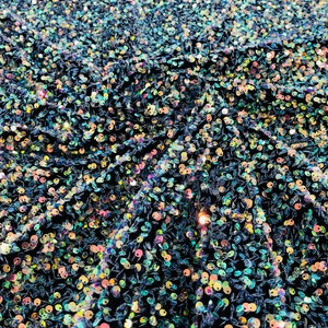 Clear Iridescent Sequin Fabric on Black Stretch Velvet - by the yard - all Over 5mm Sequins Velvet 2-way Stretch 58/60”