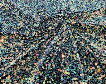 Iridescent Sequin Fabric: Black Stretch Velvet, 5mm Sequins - By The Yard