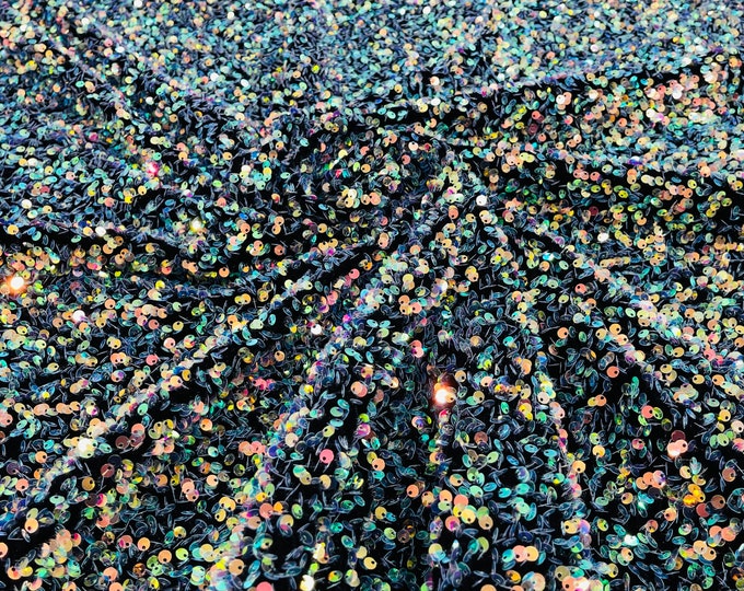 Clear Iridescent Sequin Fabric on Black Stretch Velvet - by the yard - all Over 5mm Sequins Velvet 2-way Stretch 58/60”
