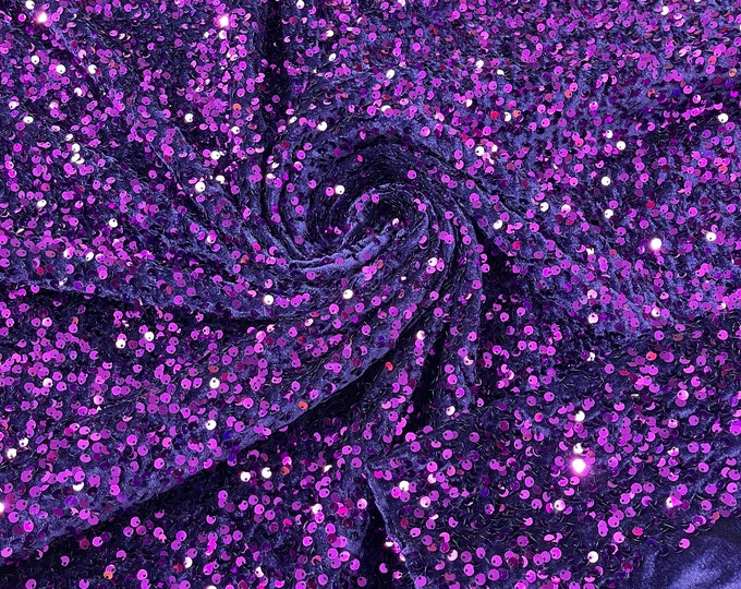 Purple Sequin Velvet Fabric | on Deep Purple Stretch Velvet | by the yard | all Over 5mm Sequins Velvet 2-way Stretch 58/60”