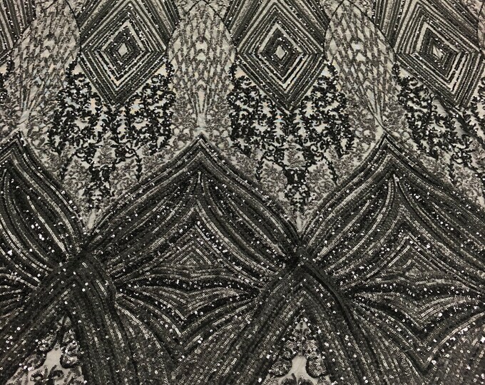 Black Sequins 4 Way Stretch Geometric Sequins - Nova Design Triangular Fabric for Prom Gala Gown Sold By The Yard