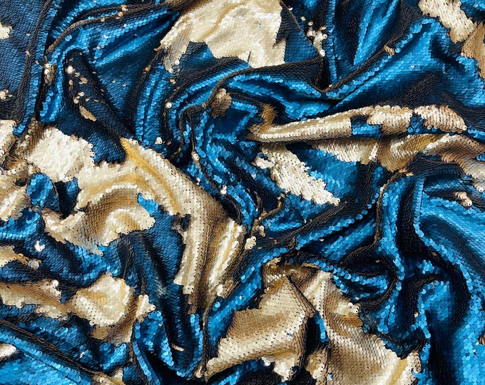 Matte Teal/Gold Sequins Fabric: 2-Way Stretch Flip-Up Reversible Sequin