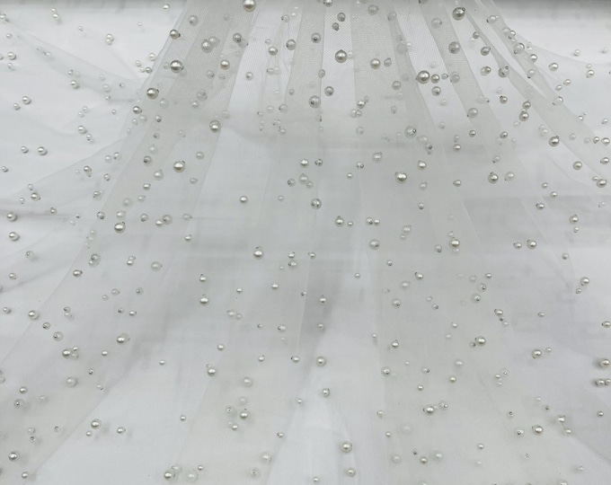 Off White, Scattered Pearls Studded Mesh, by the yard - 2 Way Stretch, Pearls On Mesh, Scattered Pearls on Mesh, Bead Wedding Bridal Dress