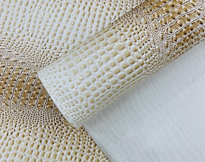 Western Cream Gator 3D Embossed Vinyl Fabric Faux Fake Leather Vinyl Fabric, Embossed Crocodile Fabric By The Yard Upholstery Purses Shoes