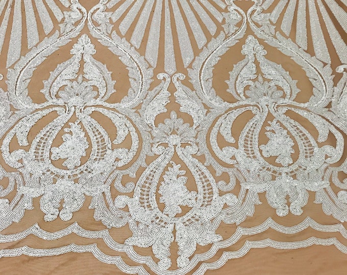 White Sequin  - Selena Design on a 4 Way Stretch Sequin Lace Mesh - Prom Gala Gown Fabric By Yard