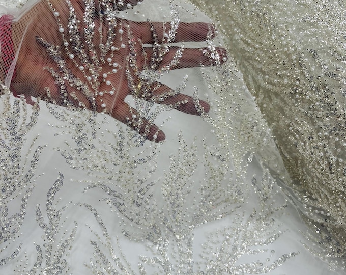 White Beaded Fabric by the yard, Bridal beaded, Damask Pattern With Beads and Sequin, Appliqué lace for bridals,weddings,prom dress