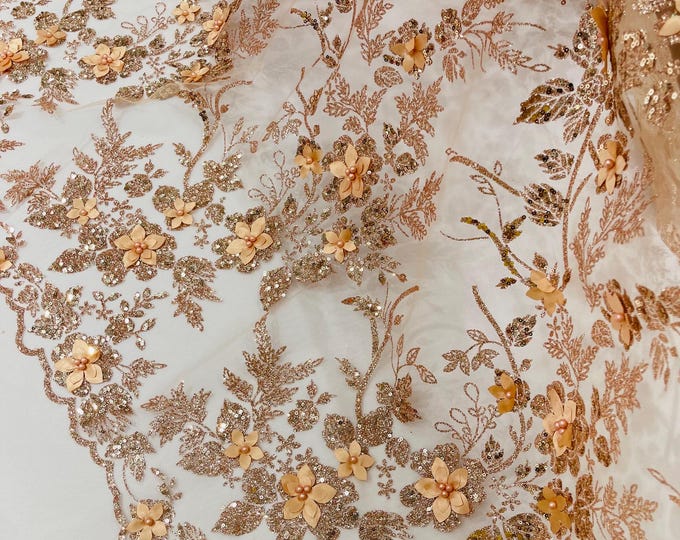 Rose Gold 3D Flower Sequin Fabric, Glitter Floral Tulle Lace, Wedding Dress, Quinceañera