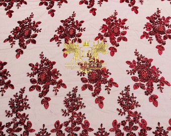 Burgundy Beaded Sequins Fabric | Embroidery With Beaded Sequin on a Mesh | Beaded Floral | Flowers Bridal Lace Fabric by the yard
