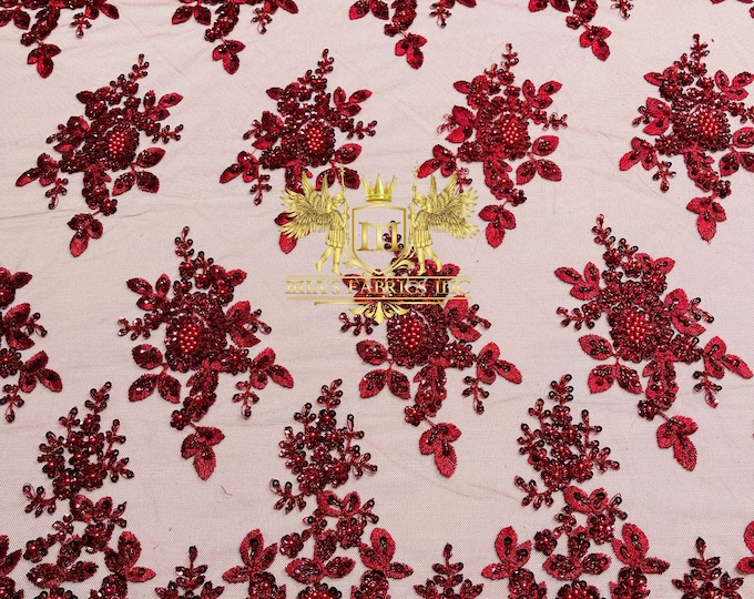 Burgundy Beaded Sequins Fabric | Embroidery With Beaded Sequin on a Mesh | Beaded Floral | Flowers Bridal Lace Fabric by the yard