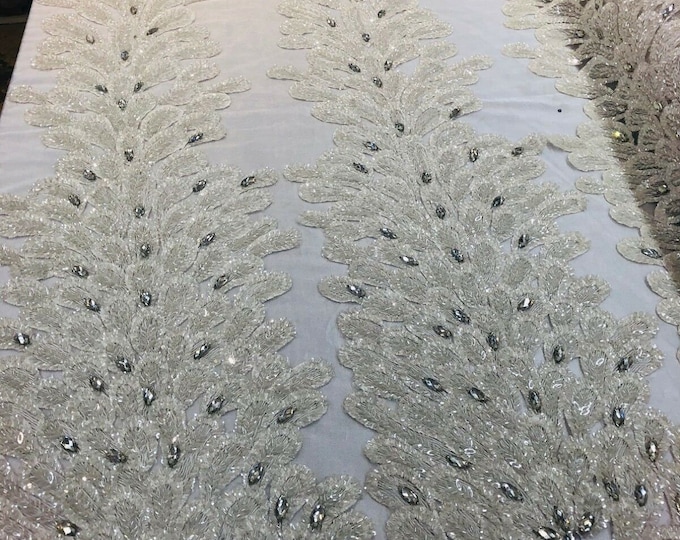 Ivory Beaded Peacock Feathers 3D Vegas Design with Embroidered Sequins and Beads On Mesh Lace Fabric for Prom Dress (Choose The Panels)