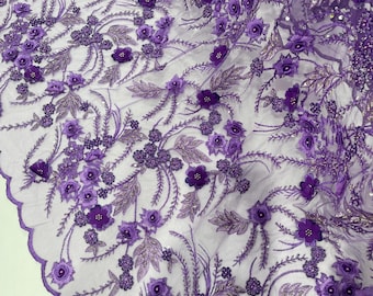 Purple 3D Floral Beaded Lace Fabric: Beaded Sequins on a Mesh, Apparel-Prom - By The Yard