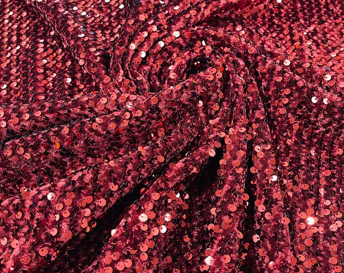 Sequins Velvet Fabric - Burgundy - 2 Way Stretch Velvet With Partial Luxury Sequins  5mm Shining Sequin Velvet 58/60” (Choose The Quantity)