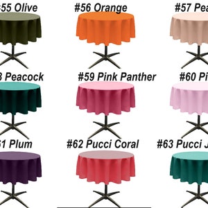 May include: Nine round tablecloths in various colors, including olive, orange, peach, teal, pink, plum, coral, and jade. Each tablecloth is labeled with a number and color name.