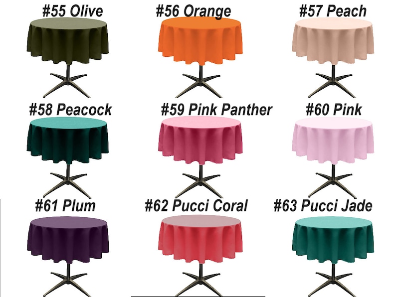 May include: Nine round tablecloths in various colors, including olive, orange, peach, teal, pink, plum, coral, and jade. Each tablecloth is labeled with a number and color name.