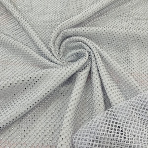 Rhinestone Fishnet Fabric: White Stretch Spandex, Crystal Stones
