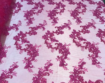 Fuchsia Floral Sequined Lace Fabric, Embroidered Mesh, Bridal Gown By The Yard
