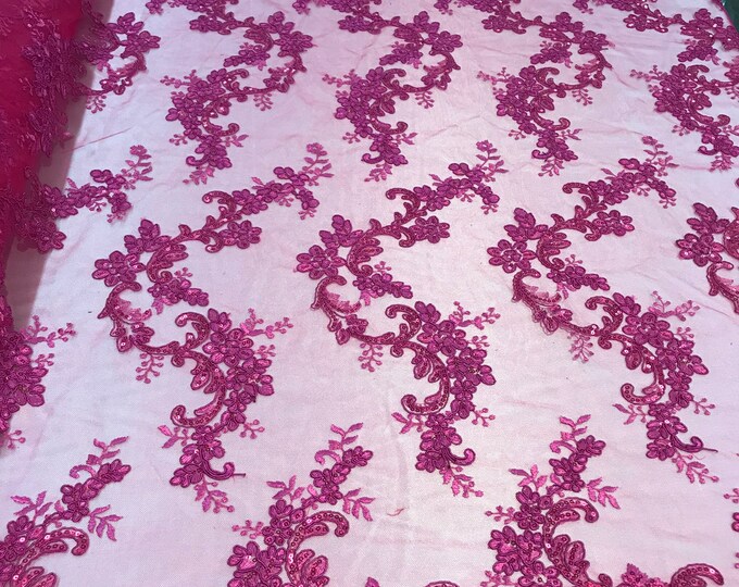 Fuchsia Floral Lace Fabric, Embroidery With Sequins on a Mesh Lace Fabric By The Yard For Gown, Wedding-Bridal