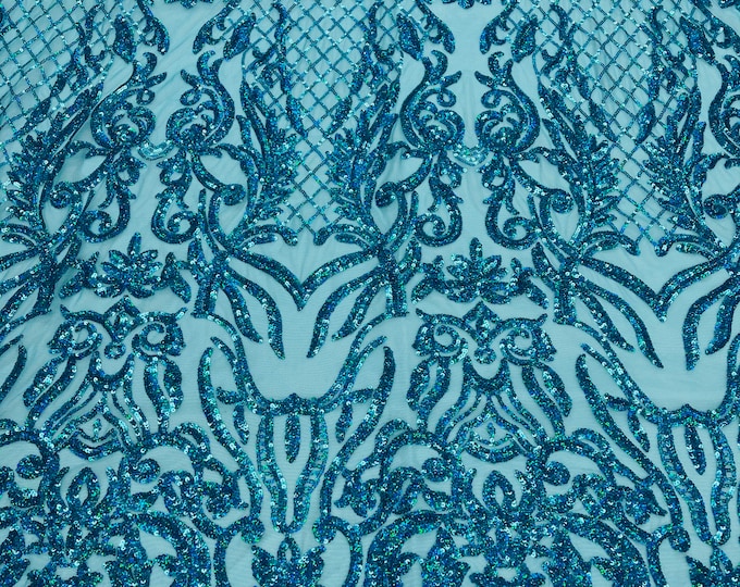 Holographic Turquoise Sequins - Luxury Damask Design Embroidered Spandex 4way Stretch Sequin By Yard -Prom-Gown ( Choose The Size )