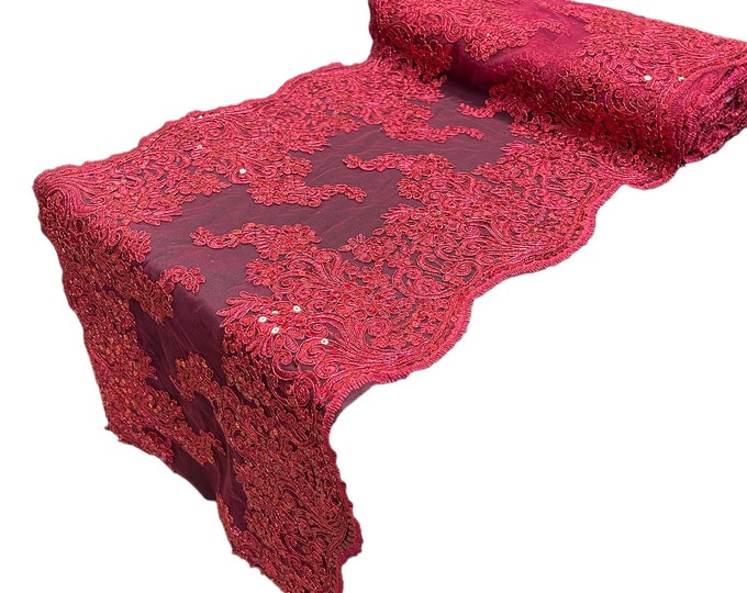 14”Wide Metallic Burgundy Floral Lace Fabric For Runner, by the yard - Embroidery With Sequins on a Mesh Lace Fabric For Applications