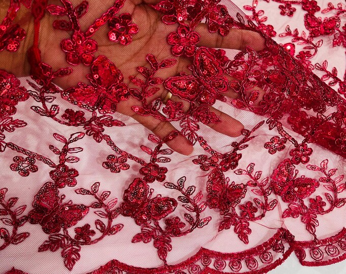 Burgundy Metallic Corded Lace Small Butterfly by Yard Metallic Thread Butterfly Design Embroidered With Sequin on a Mesh Lace Fabric