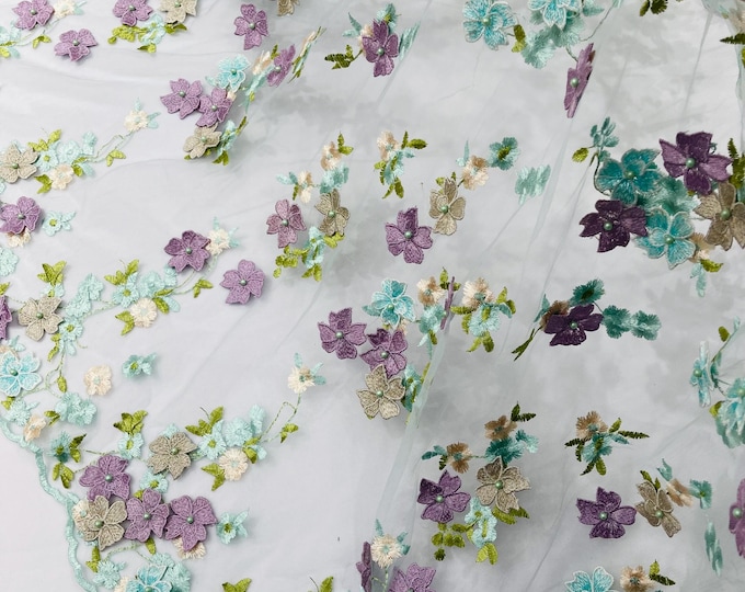 Mint 3D Floral Lace Fabric with Pearls | Embroidered Mesh, Sold by the Yard Multi Color