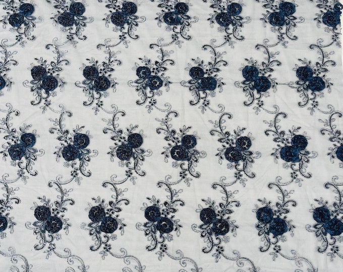 Navy Blue Floral Lace Fabric - By The Yard - Embroidery Flower With Sequins on a Mesh Lace Fabric For Gown, Wedding-Bridal