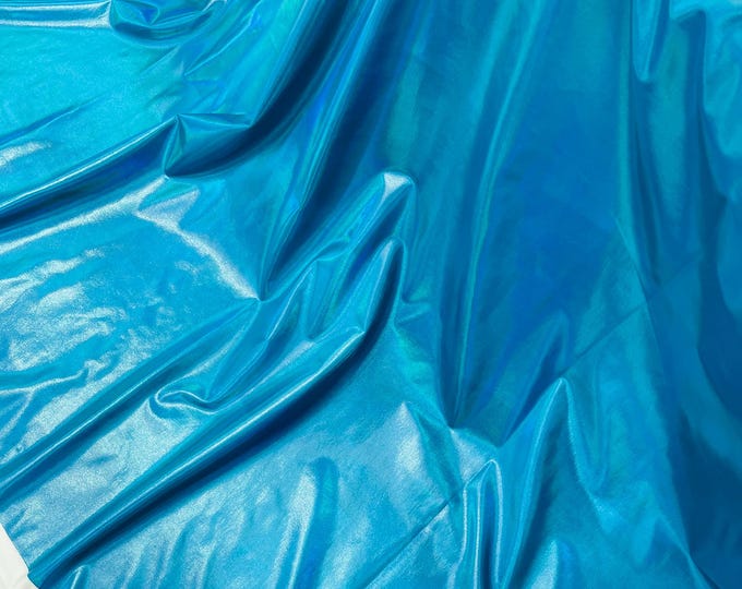 Turquoise Metallic Foil Iridescent Spandex Fabric: 2-Way Stretch - By The Yard