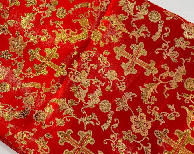 Red and Gold Cross Brocade Fabric: Liturgical Jacquard Vestment (58/60" Wide)
