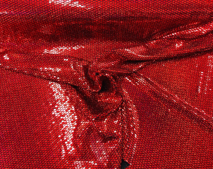 Honeycomb Foil Fabric - Iridescent Red - Hexagon Print On Black Spandex Fabric By The yard, (Choose The Size)
